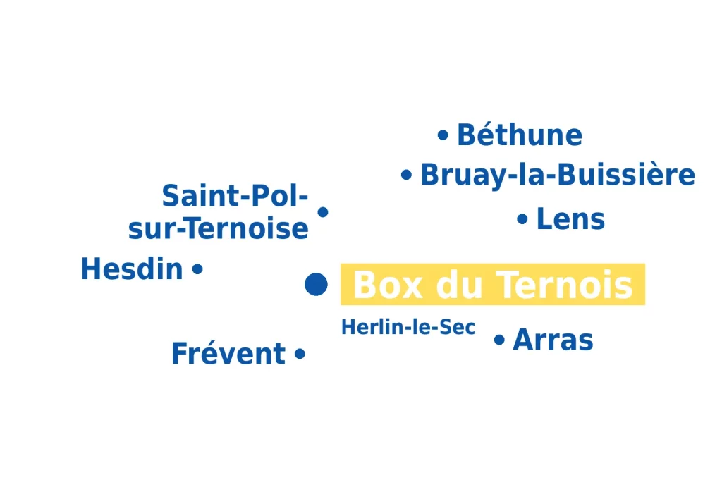 Carte de localisation de Box du Ternois à Herlin-le-Sec, entre Saint-Pol-sur-Ternoise, Frévent, Hesdin, Arras, Lens, Bruay-la-Buissière et Béthune.