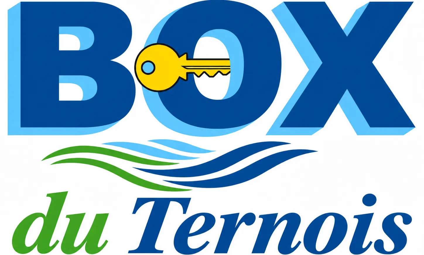 Logo « BOX du Ternois » avec clé jaune, vagues bleues et vertes, pour un garde-meuble sécurisé à Herlin-le-Sec.